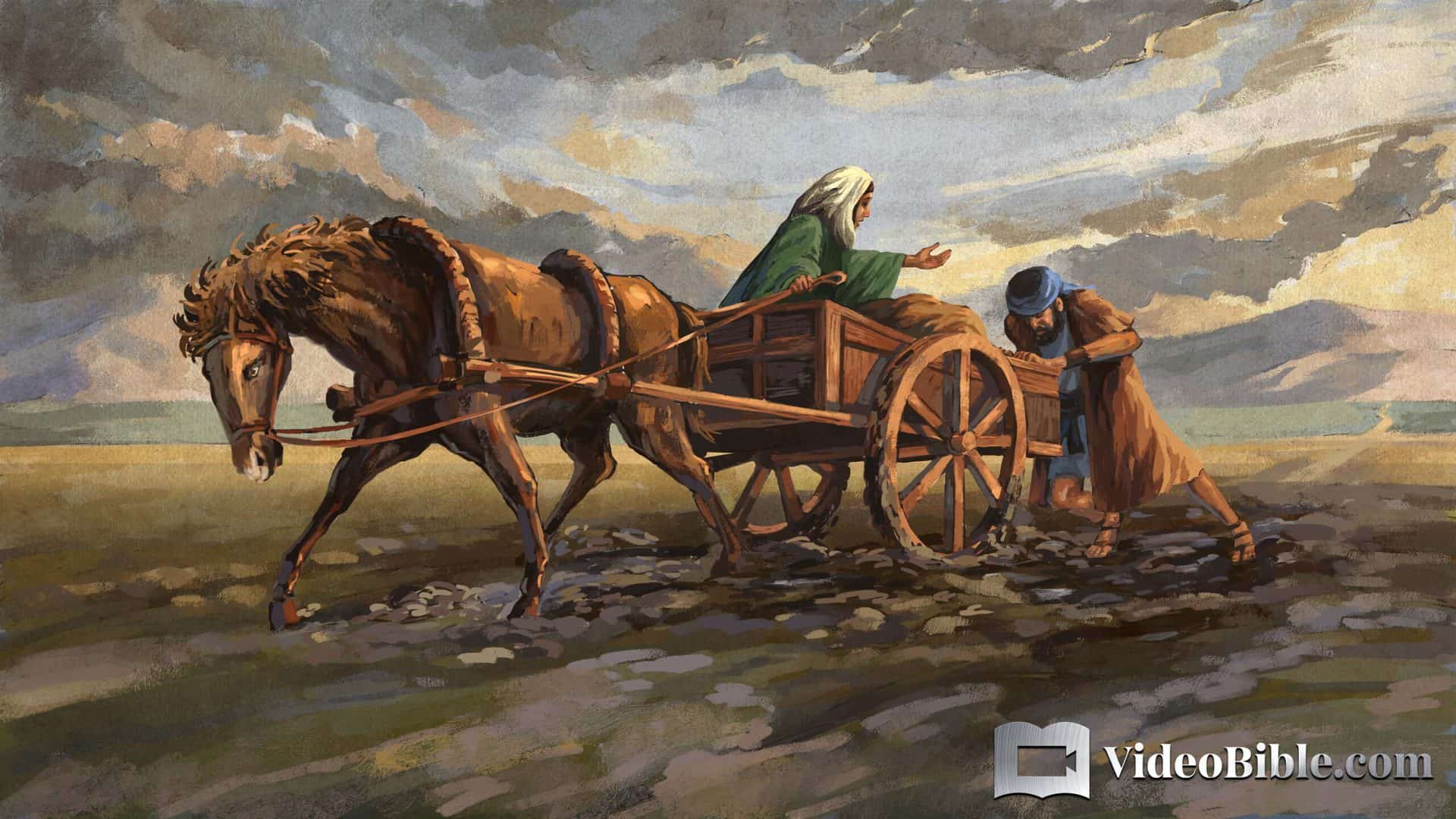 woman stuck in the mud in a cart while man pushes her and the horse out of mud