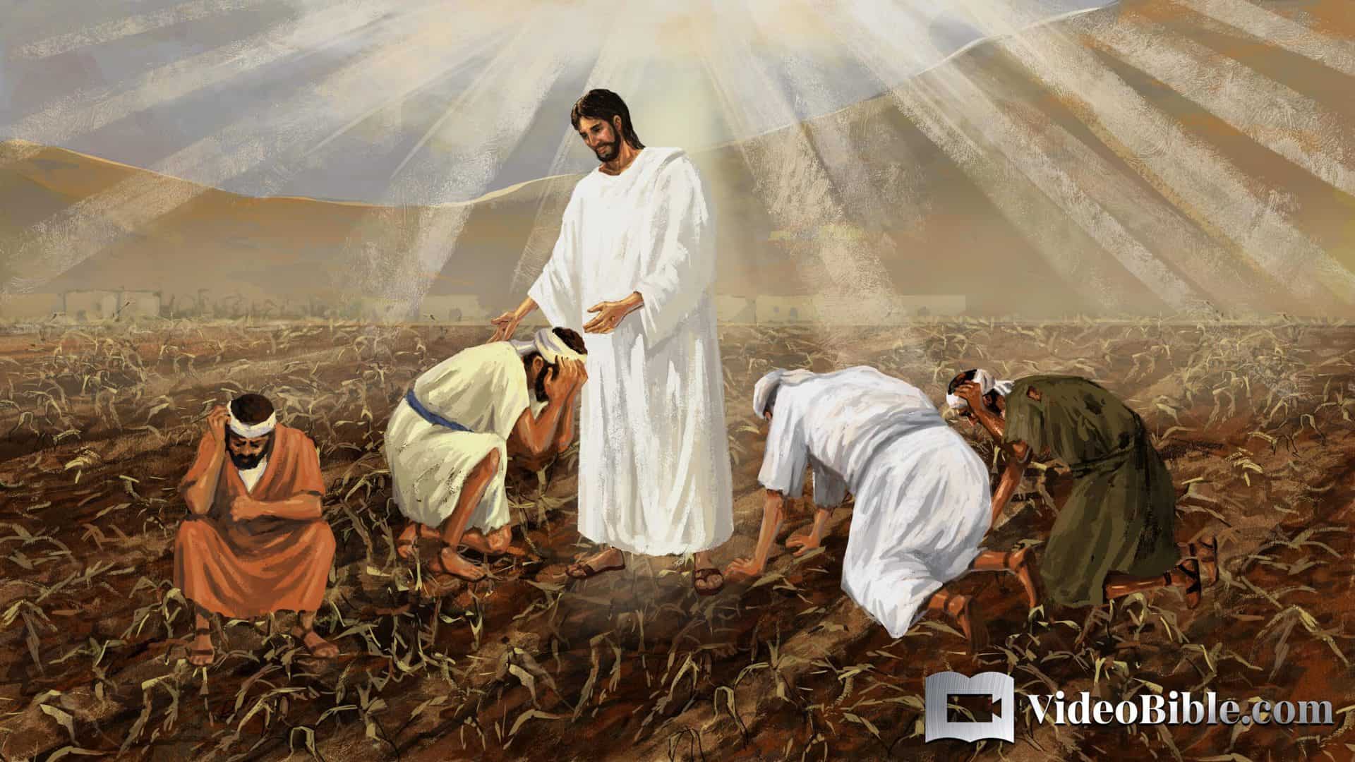 Jesus comforting farmers in a drought that lost their crop