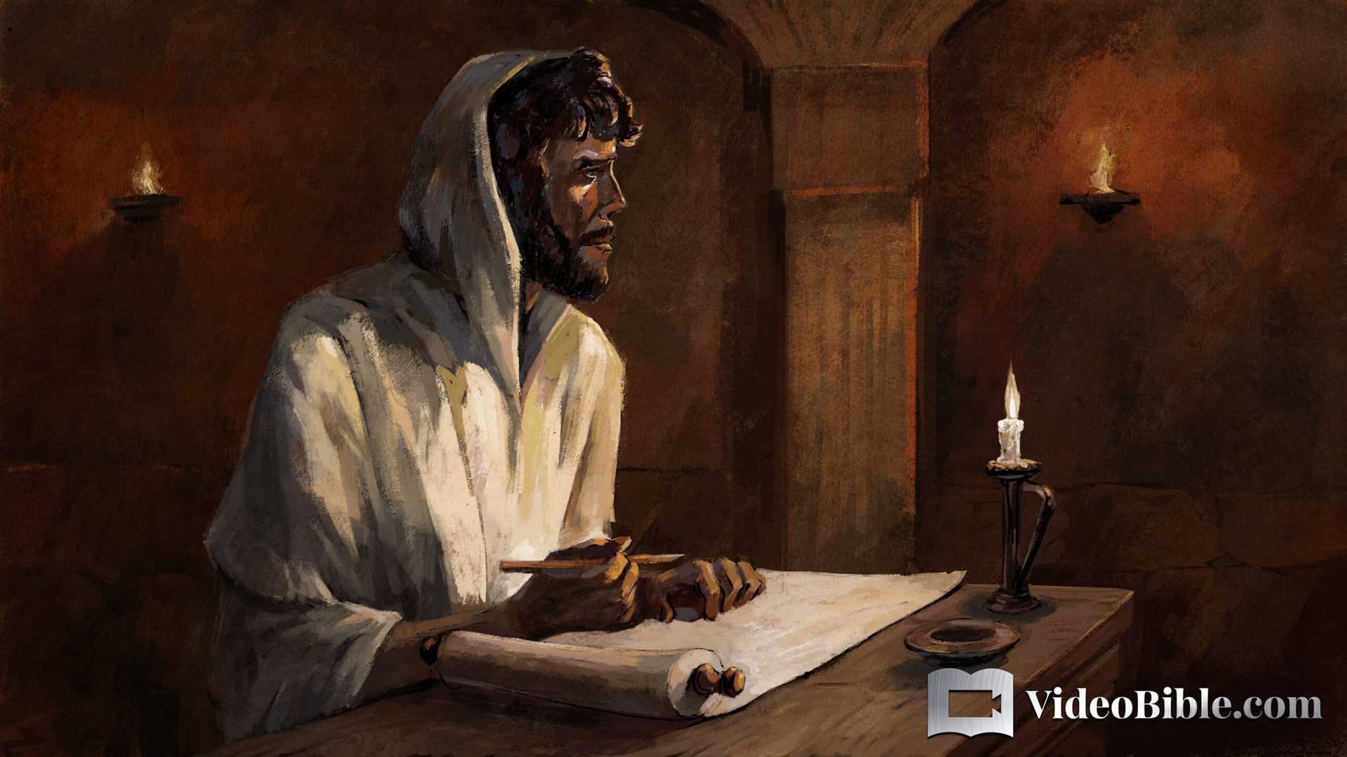 James the Apostle the brother of Jesus sitting at a table writing