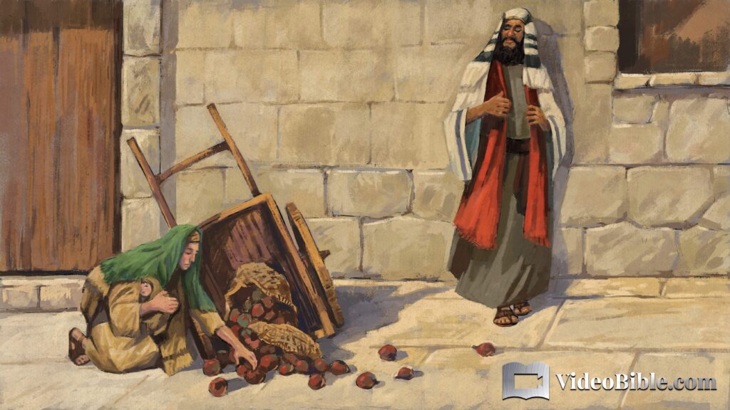 pharisee rich man watching a poor woman and baby pick up spilled food