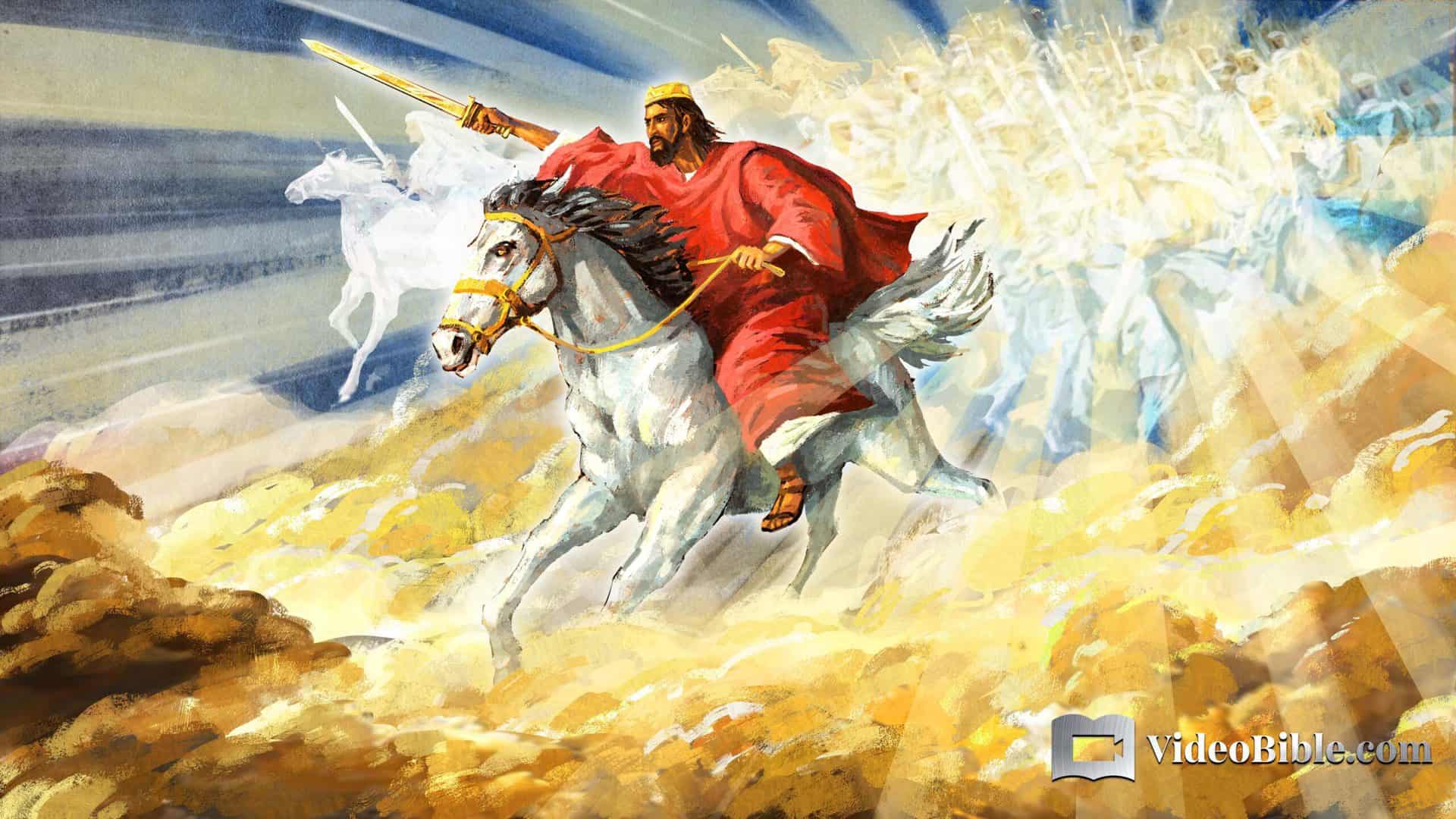 Jesus on a white horse returning with an army of angels behind him