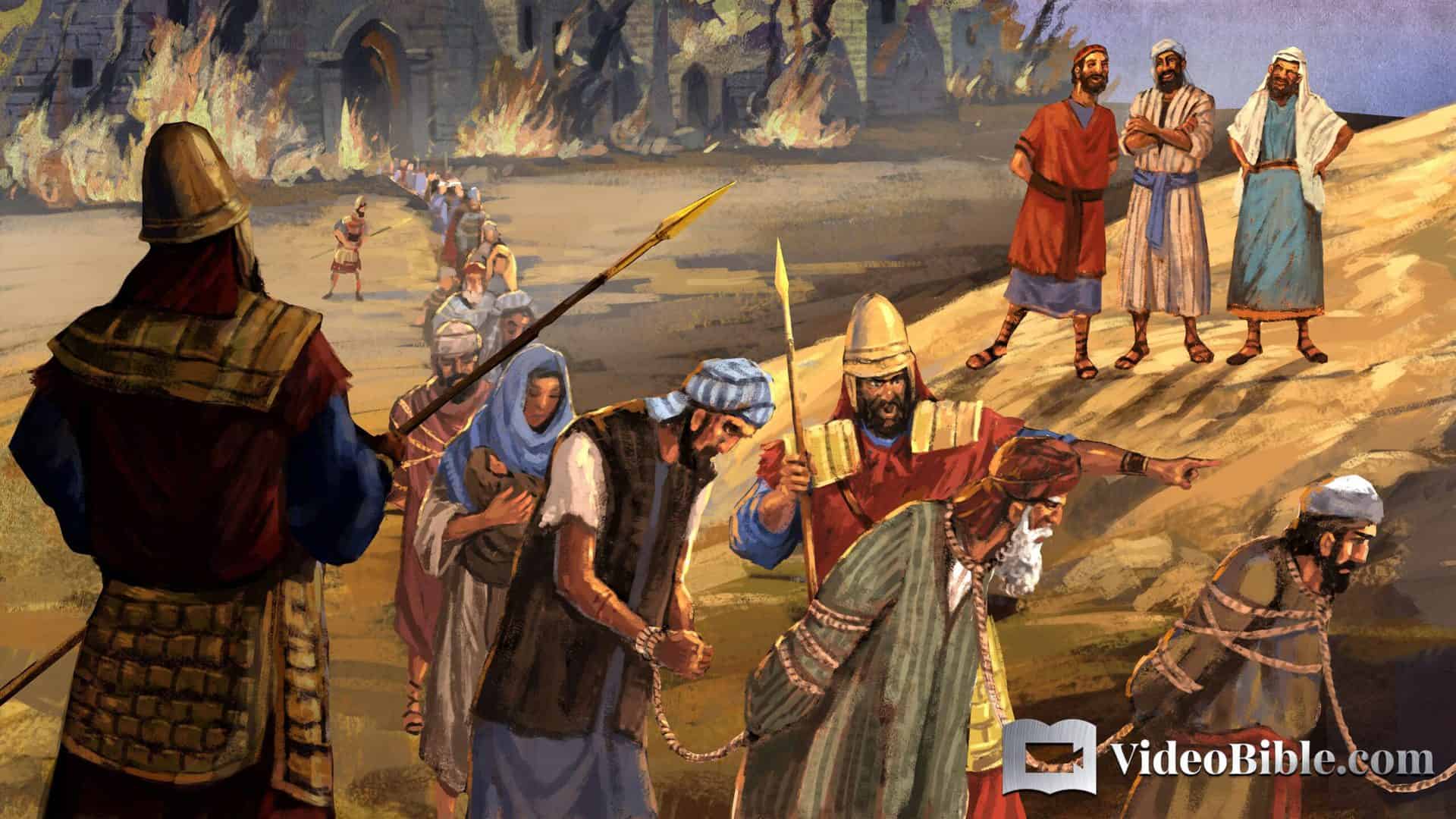 Babylonians taking Israelites into captivity while Edomites watch
