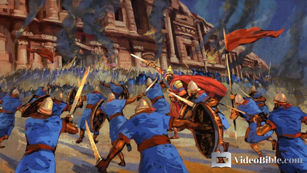 Babylonian army attacking fortress of Sela