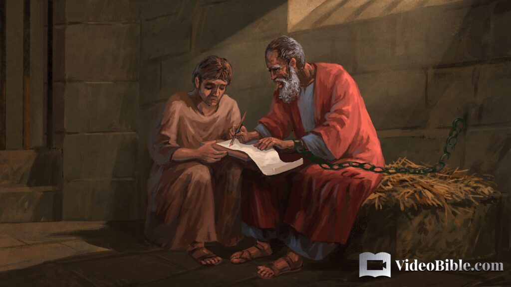Paul and Timothy writing the letter to Philemon from prison