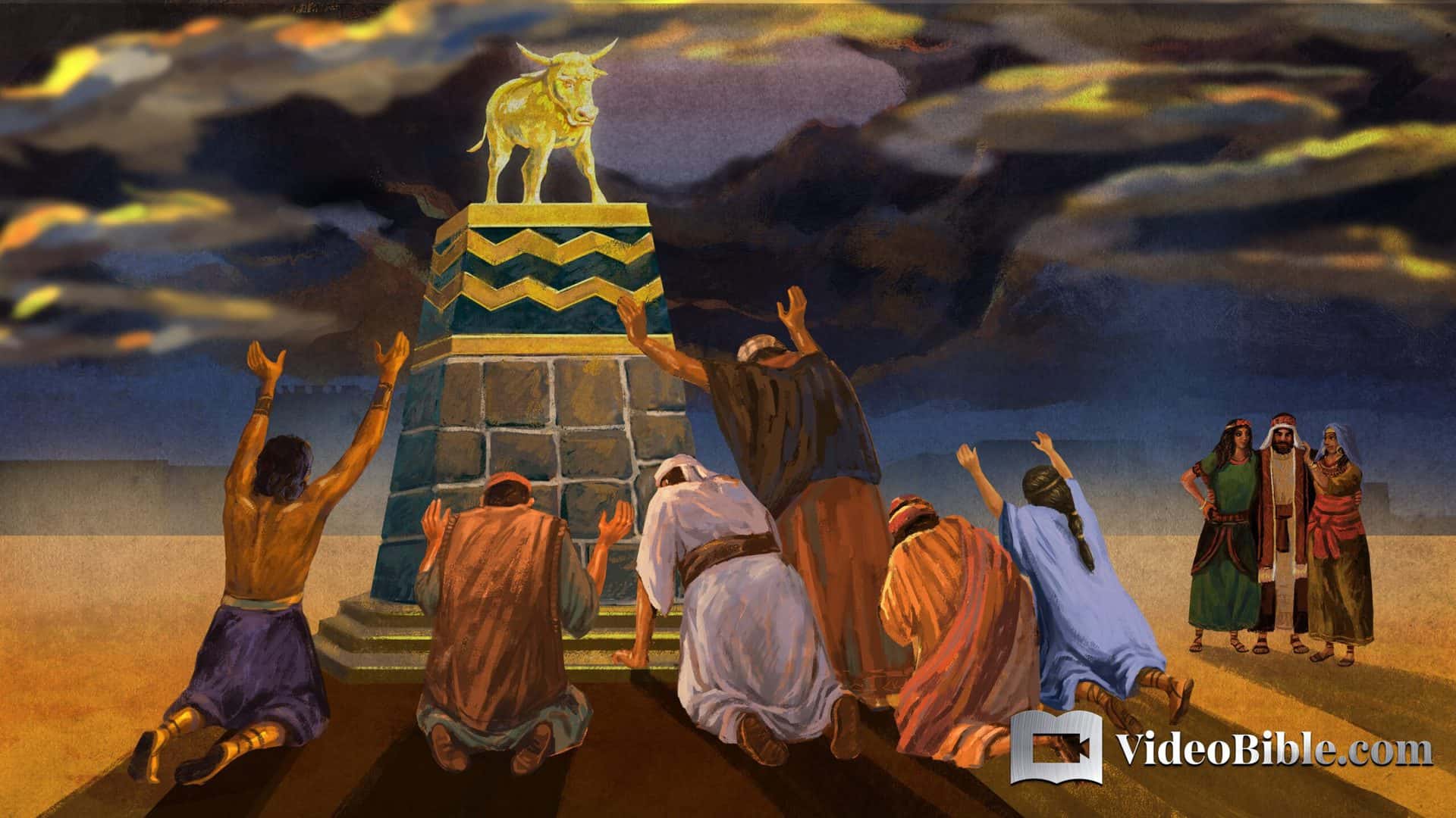 Israelites bowing down to the idol of Baal golden calf