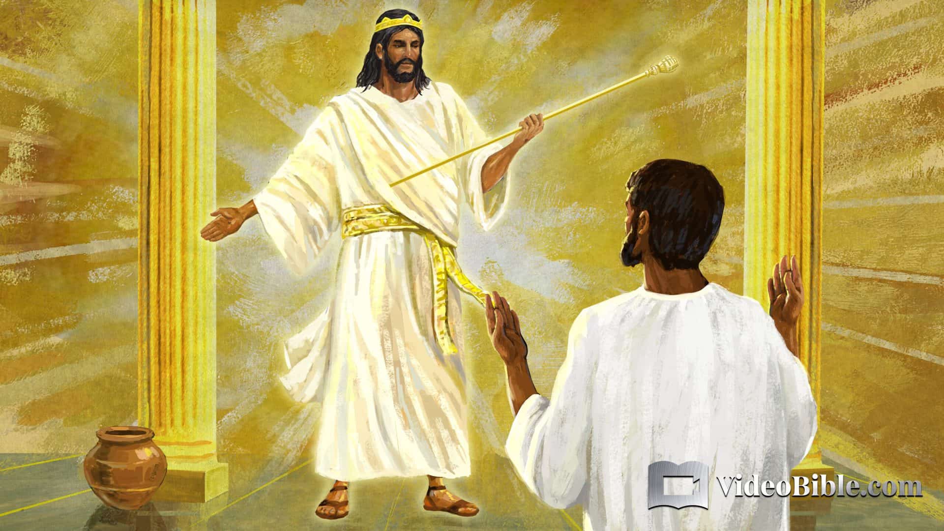 Jesus presenting a golden scepter to victorious man who does God's will