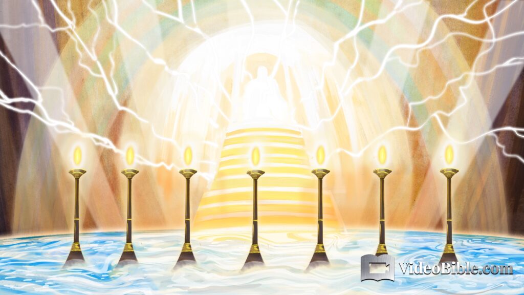 God the father on the throne lightning bolts rainbow sea of crystals and 7 golden lamp stands which are the 7 spirits of God